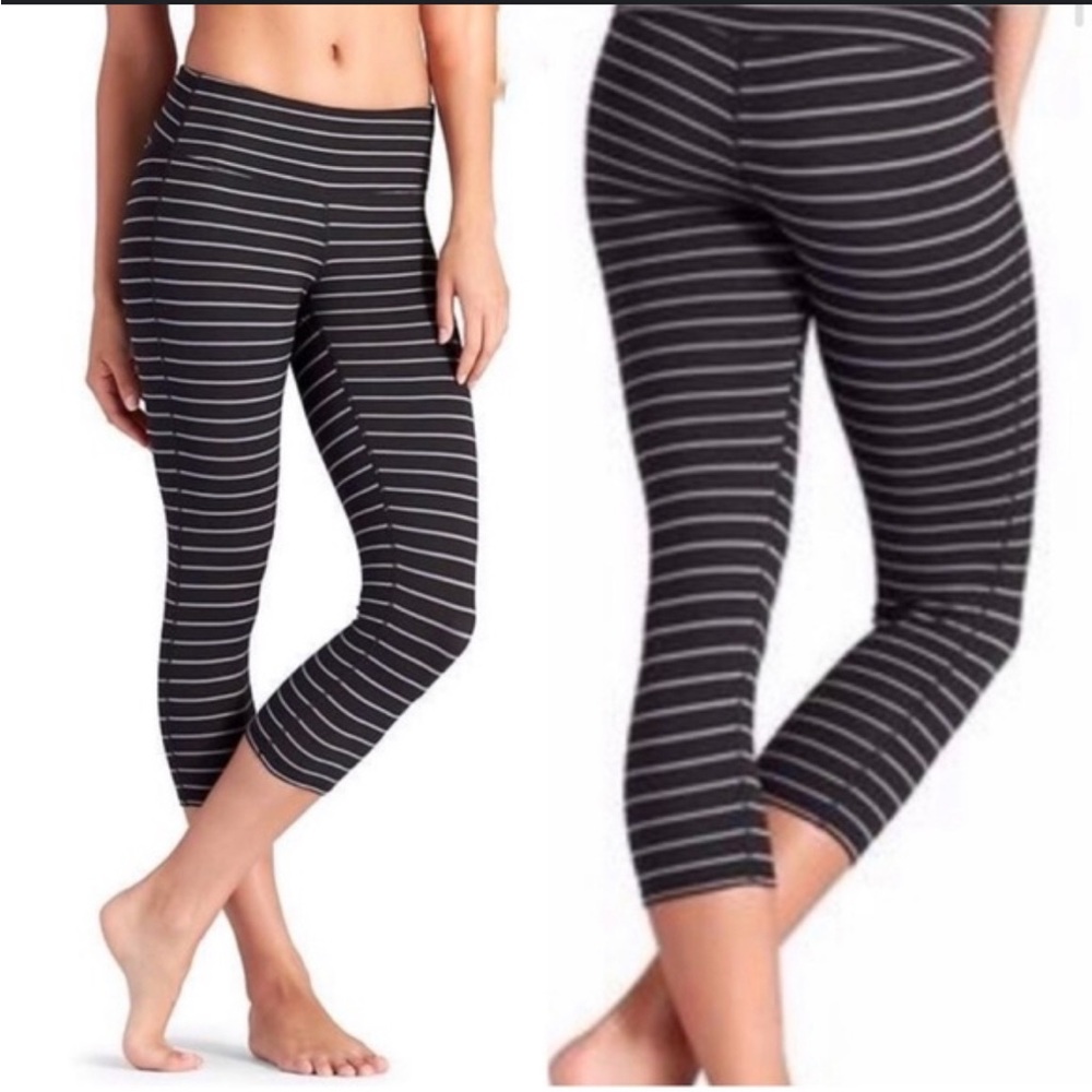 Athleta Black and Gray Striped Cropped Leggings